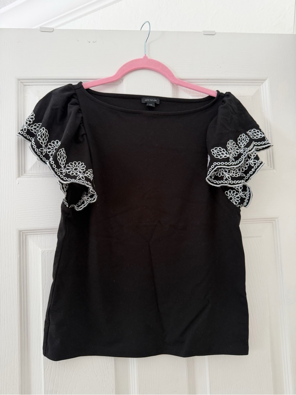 Ann Taylor Black Top with White Embroidered Flutter Sleeves